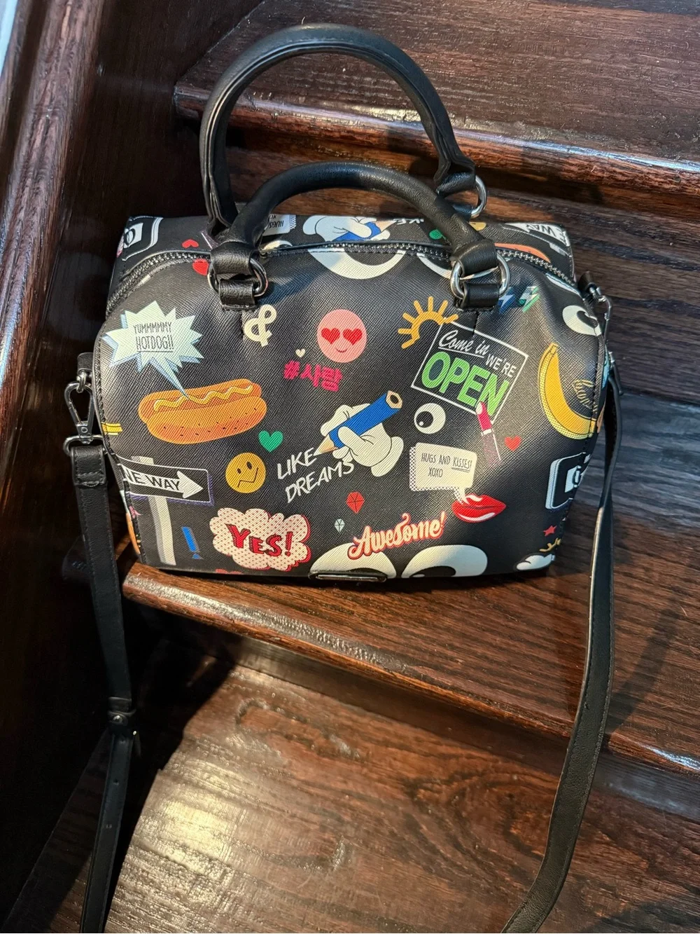 Graphic Print Black Satchel Bag - Designer Style